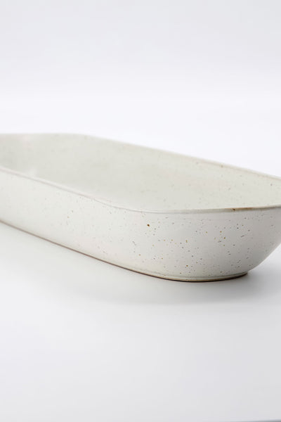 pion deep serving dish off white speckle